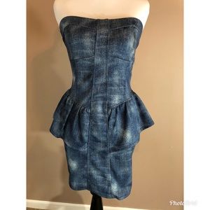 Faux Denim Strapless Peplum Dress Small
